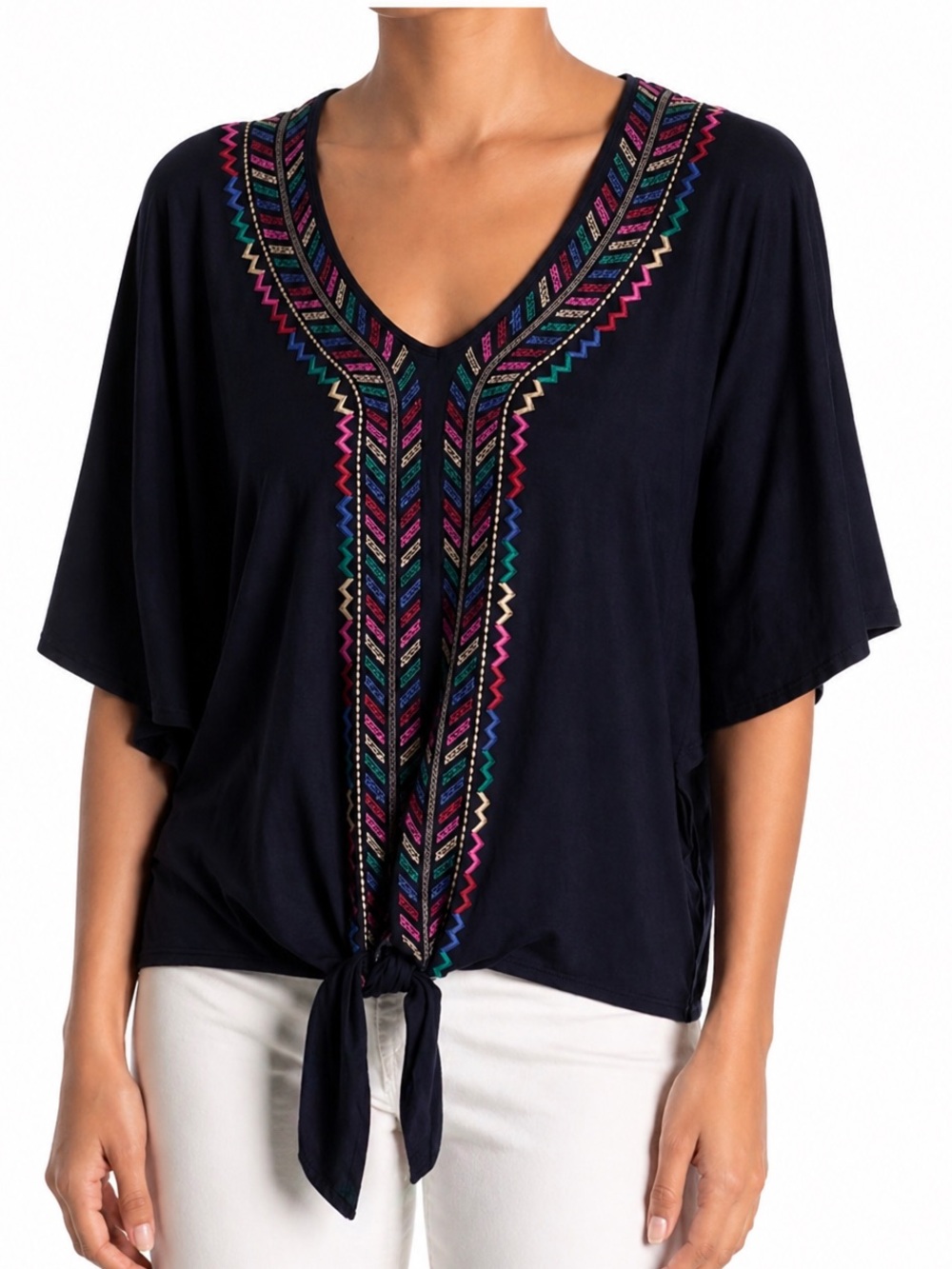 Democracy Navy Embroidered Colorful Tie Front Boho Top Size Small